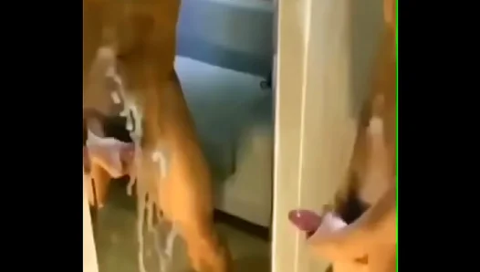 Massive Load Splatters Across Mirror — Horny Asian Stud Cums Hard