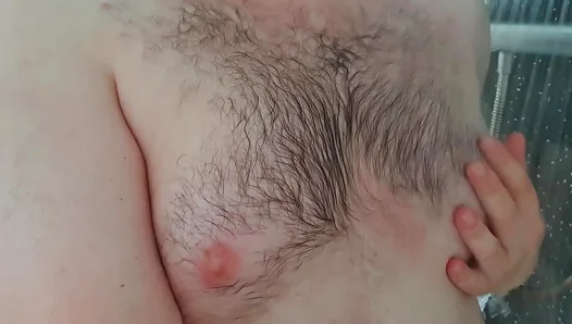 Soaking Chubs Juicy Moobs Under Hot Water — Steamy Gay Shower Fun
