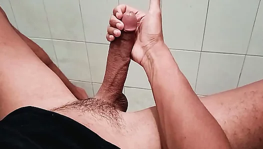 Alone in the Bathroom, Stroking His Big Cock for a Massive Cumshot – Hot Solo Action